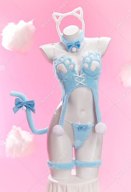Sexy Kawaii Lingerie Ensemble hiver en peluche haut mignon en forme de patte de chat et string avec queue
