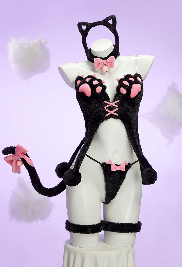 Sexy Kawaii Lingerie Set Winter Plush Cute Cat Paw Top and Thong with Tail