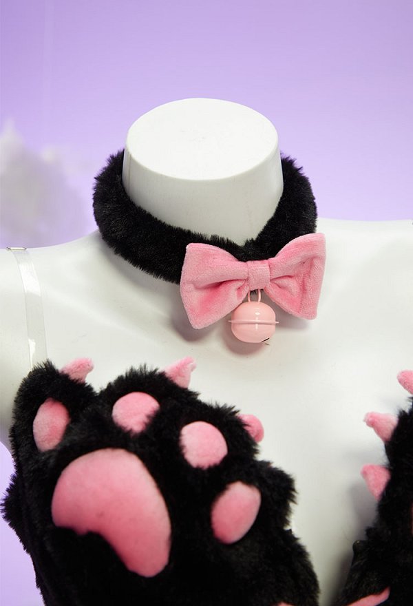Sexy Kawaii Lingerie Set Winter Plush Cute Cat Paw Top and Thong with Tail