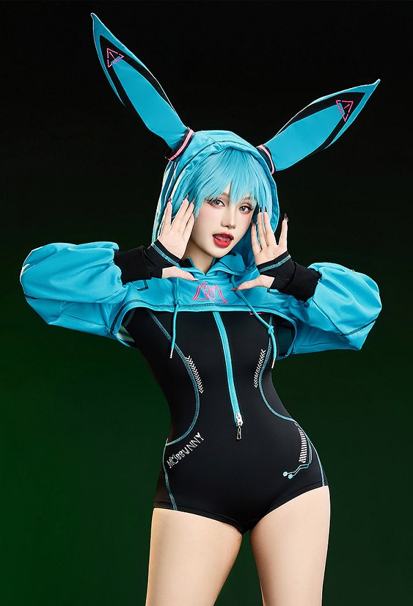 Disfraz de Cosplay Sexy Derivado Vocal Estilo Cibernético Bodysuit deportivo apretado con chaqueta corta con capucha y tocado