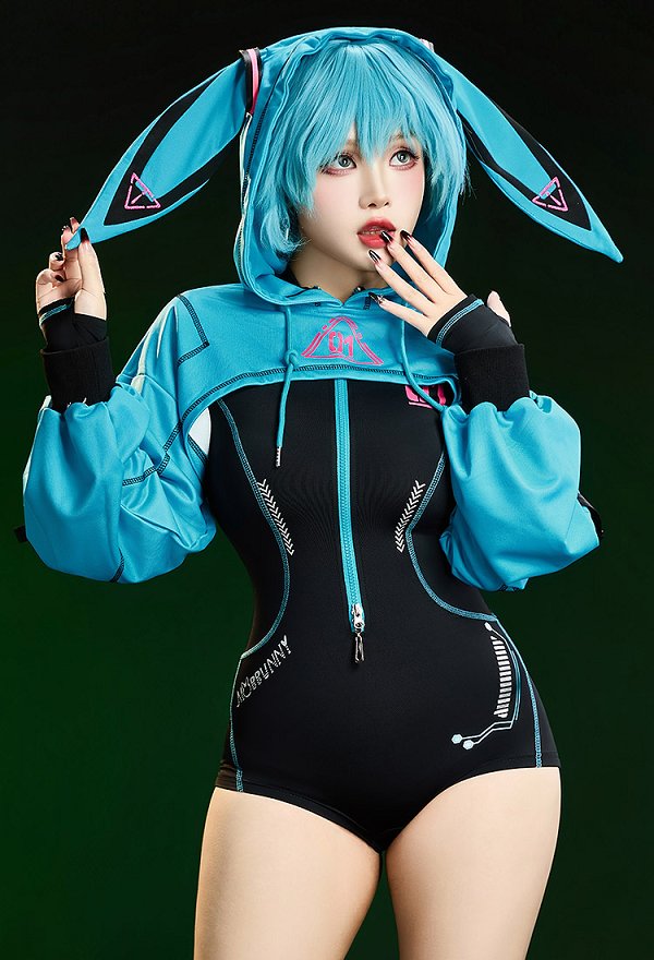 Disfraz de Cosplay Sexy Derivado Vocal Estilo Cibernético Bodysuit deportivo apretado con chaqueta corta con capucha y tocado