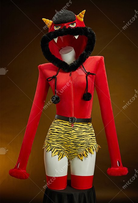Halloween Japanese Fantôme rouge Sexy Pyjama Combinaison à capuche imprimé tigre avec ceinture et chaussettesTiger Print Hooded Bodysuit with Belt and Socks