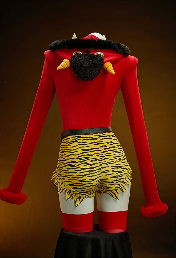 Halloween Japonés Rojo Fantasma Conjunto Peludo con capucha y estampado de tigre, cinturón y calcetines