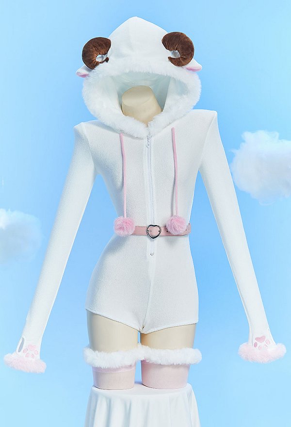 Cordero Sexy Body de peludo para el hogar con capucha cinturón y calcetines Cordero Sexy Body de peludo para el hogar con capucha cinturón y calcetines