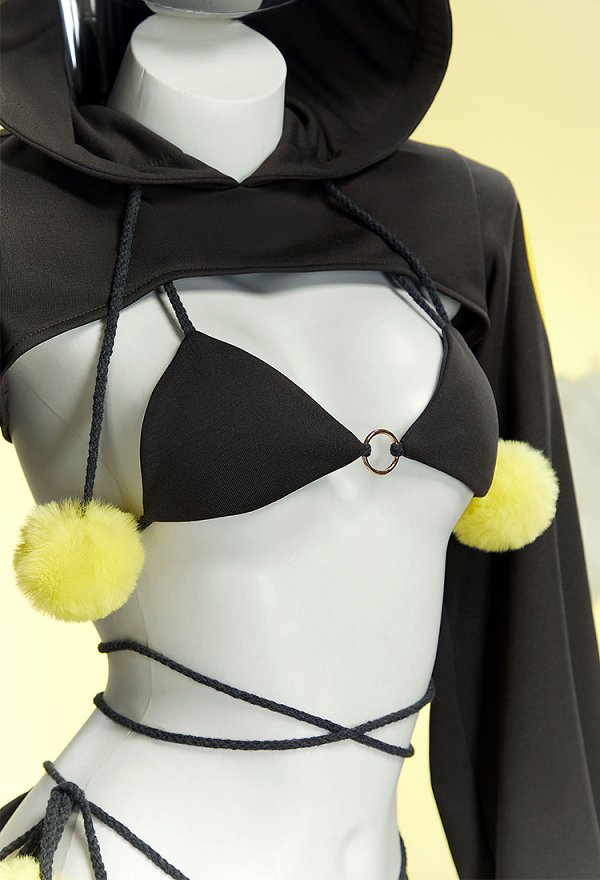 PM Derivado Sexy Traje Conjunto Bikini Corbata con Capucha Chaqueta Corta y Cola