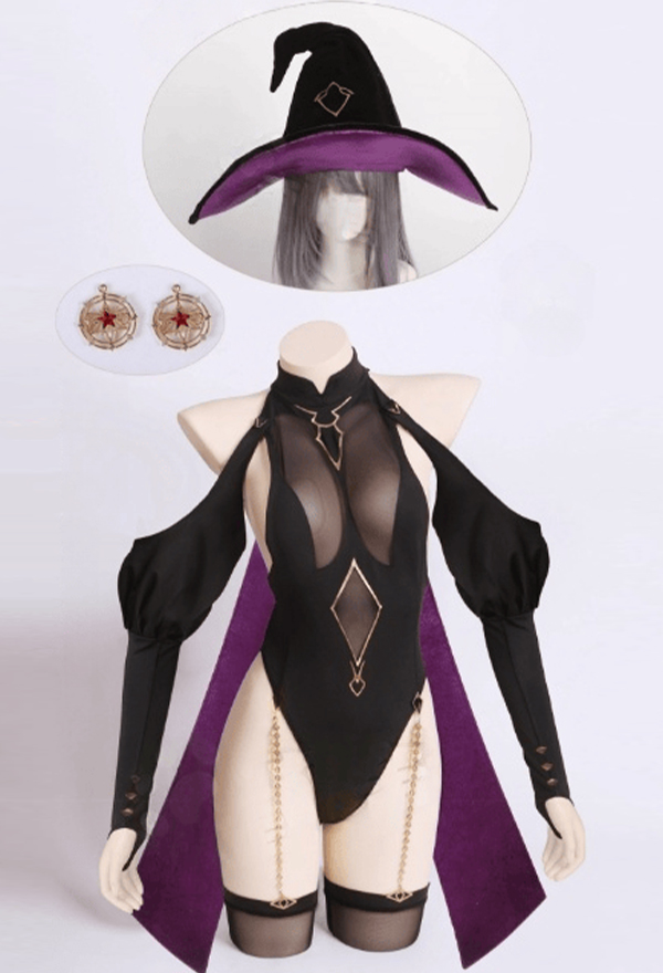 Conjunto mono sexy de bruja con capa y sombrero de magia