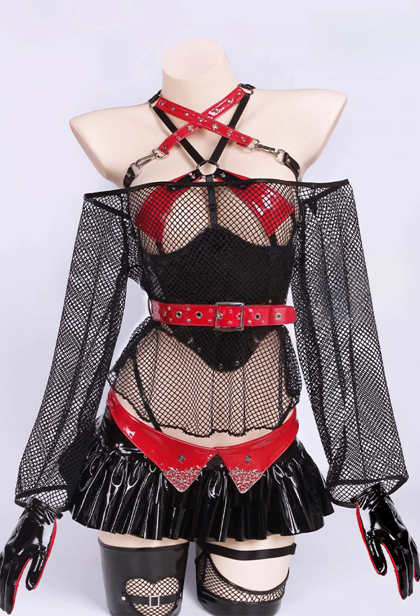 Conjunto sexy de ángel urbano con corsé corto incluye sobrecamisa de tul y minifalda y braga