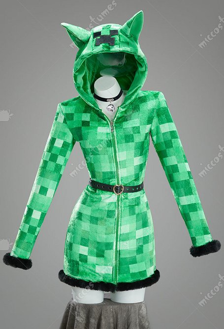 Creeper Dérivé Sexy Cospaly Costume en peluche Pyjama Robe verte à carreaux imprimés capuche ceinture et chaussettes