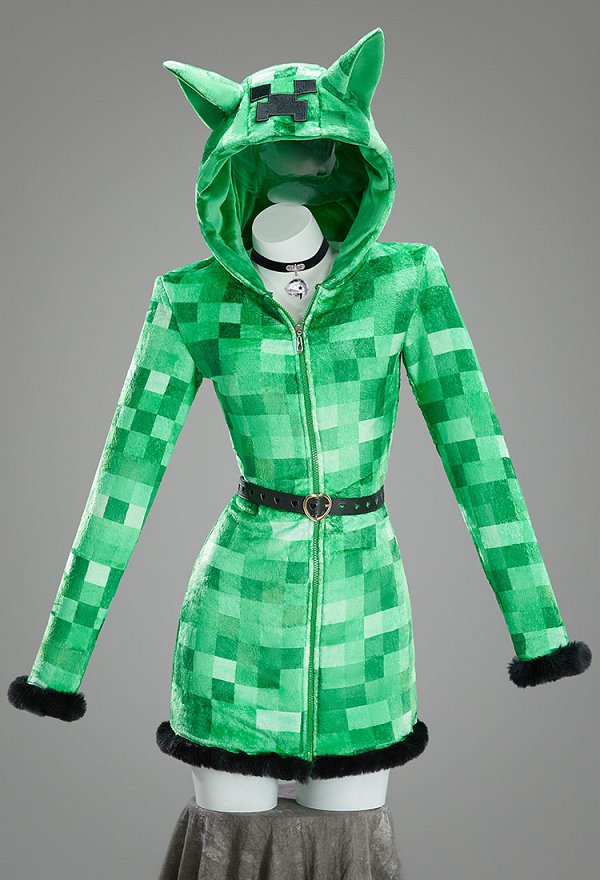 Creeper Derivado Sexy Peludo Pijama con capucha, cinturón y calcetines con estampado de cuadros de píxeles verdes