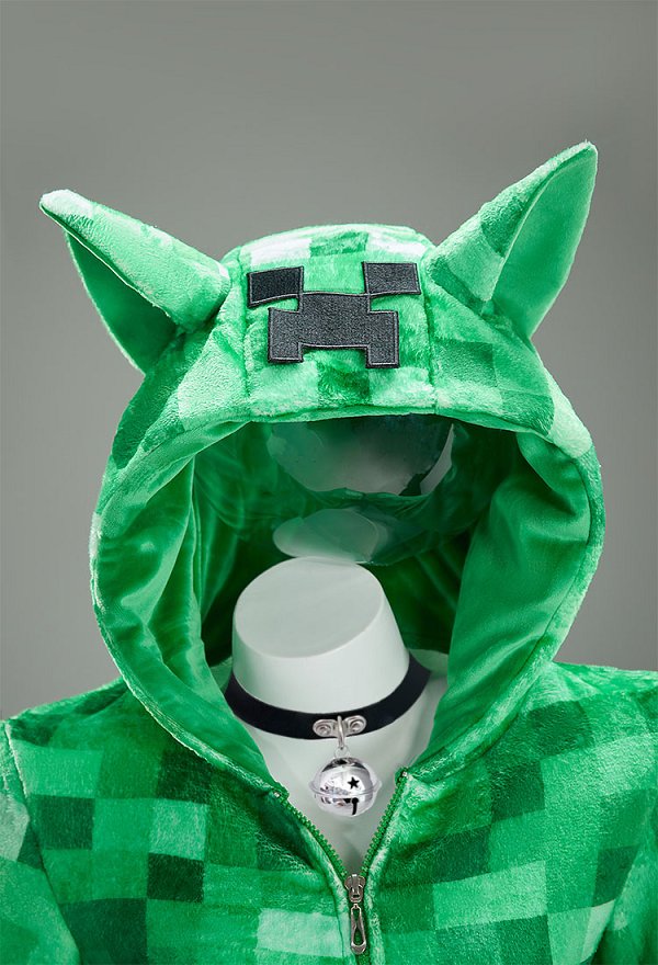 Creeper Derivado Sexy Peludo Pijama con capucha, cinturón y calcetines con estampado de cuadros de píxeles verdes