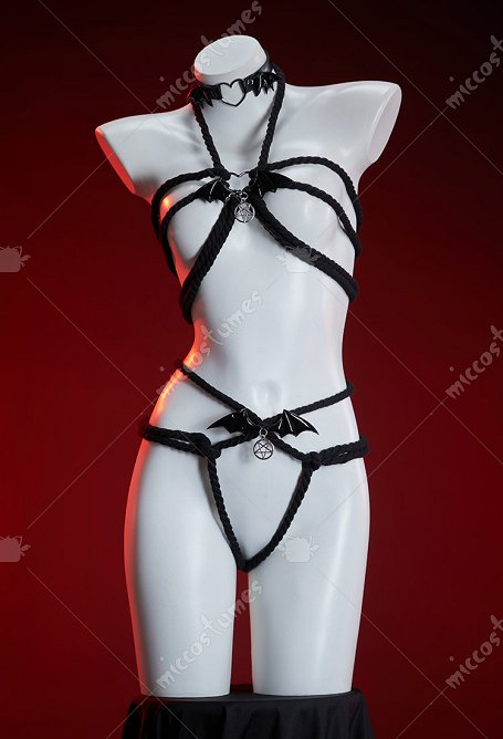 Ensemble lingerie sexy avec nœud cordes ailes de chauve-souris et collier