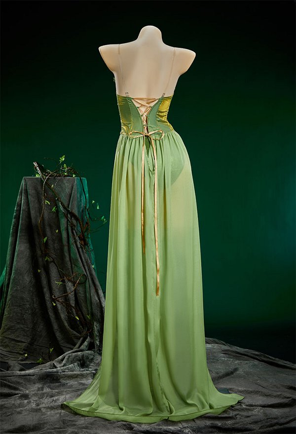 Poison Ivy Derivado Sexy Top y capa de elfa medieval verde estilo retro con ropa interior y pulsera Poison Ivy Derivado Sexy Top y capa de elfa medieval verde estilo retro con ropa interior y pulsera