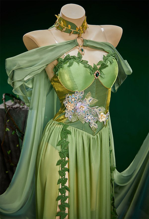 Poison Ivy Derivado Sexy Top y capa de elfa medieval verde estilo retro con ropa interior y pulsera Poison Ivy Derivado Sexy Top y capa de elfa medieval verde estilo retro con ropa interior y pulsera