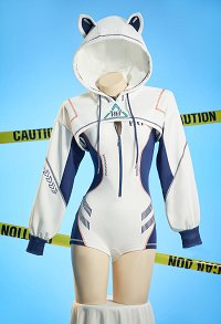 Anime Dérivé Sexy Cosplay Costume Cyberpunk Combinaison blanche et bleue moulant avec veste courte à capuche