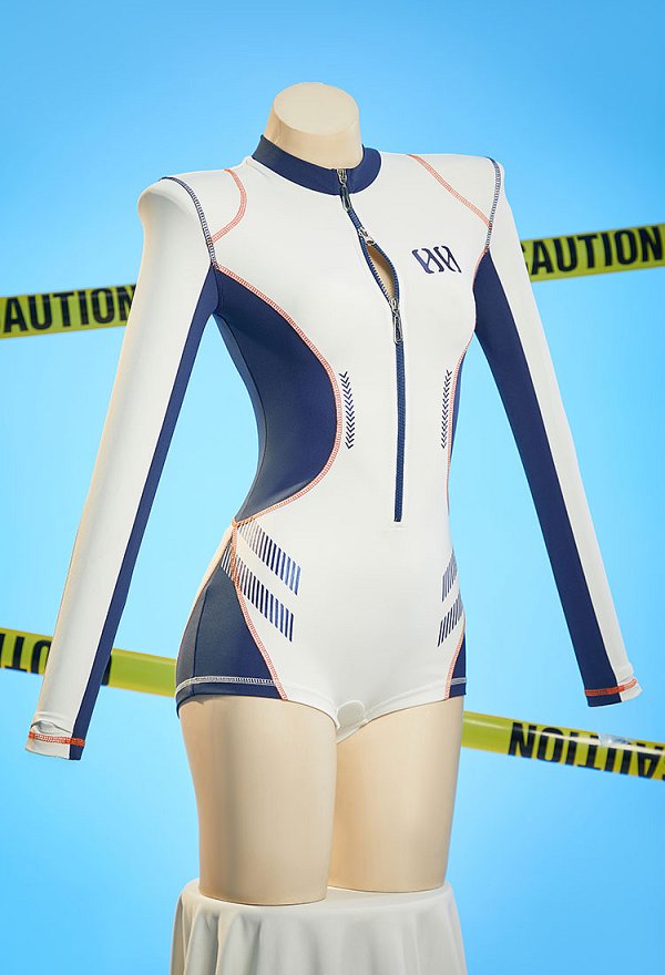 Anime Dérivé Sexy Cosplay Costume Cyberpunk Combinaison blanche et bleue moulant avec veste courte à capuche