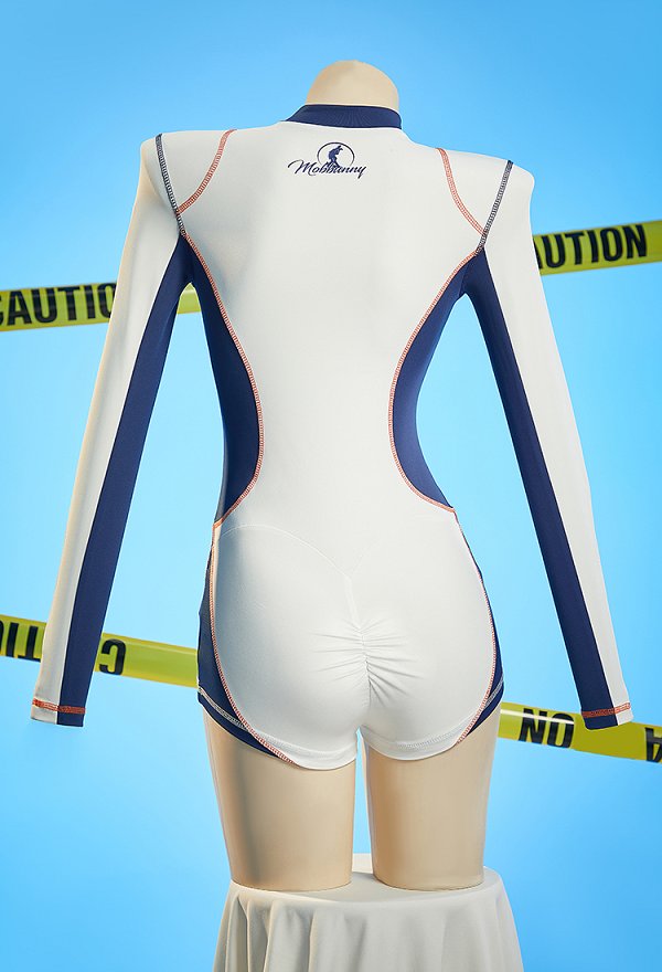Anime Dérivé Sexy Cosplay Costume Cyberpunk Combinaison blanche et bleue moulant avec veste courte à capuche