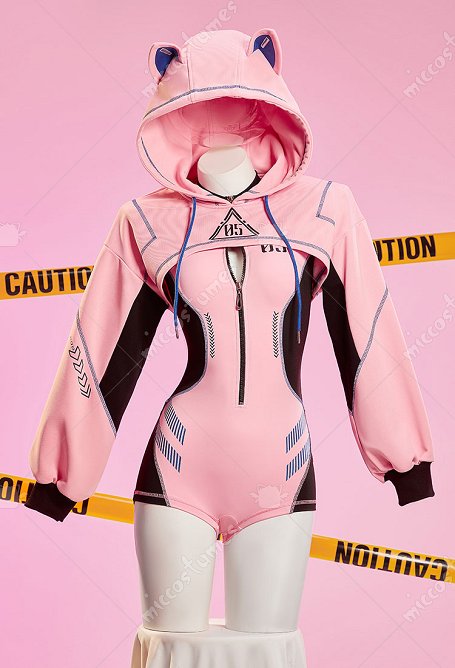 Anime Makinami derivado sexy Body cyberpunk Mono rosa y negro con sudadera corta con capucha