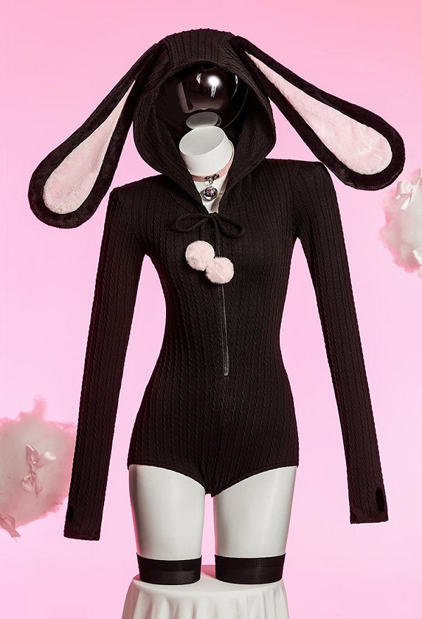 Sexy Bunny Bodysuit Lindo Ropa de Casa Bodysuit con Capucha de Orejas de Conejo