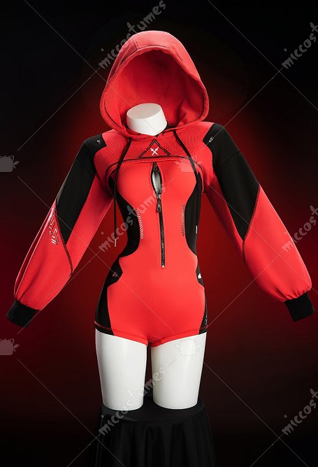 Disfraz de Cosplay Sexy Derivado de Superhéroe DP Estilo Cyberpunk Ropa deportiva de yoga ajustada Bodysuit rojo y negro con capucha corta y cinturón