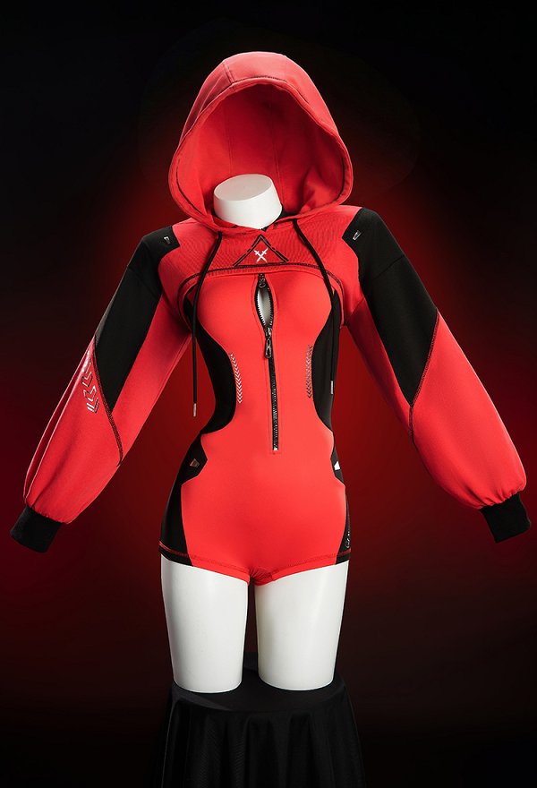 Disfraz de Cosplay Sexy Derivado de Superhéroe DP Estilo Cyberpunk Ropa deportiva de yoga ajustada Bodysuit rojo y negro con capucha corta y cinturón Disfraz de Cosplay Sexy Derivado de Superhéroe DP Estilo Cyberpunk Ropa deportiva de yoga ajustada Bodysuit rojo y negro con capucha corta y cinturón