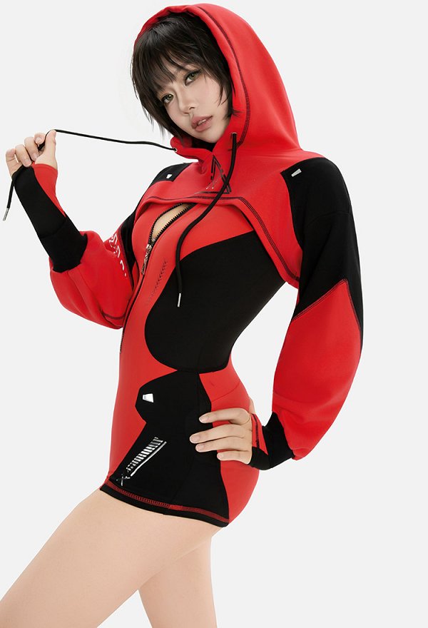 Disfraz de Cosplay Sexy Derivado de Superhéroe DP Estilo Cyberpunk Ropa deportiva de yoga ajustada Bodysuit rojo y negro con capucha corta y cinturón Disfraz de Cosplay Sexy Derivado de Superhéroe DP Estilo Cyberpunk Ropa deportiva de yoga ajustada Bodysuit rojo y negro con capucha corta y cinturón