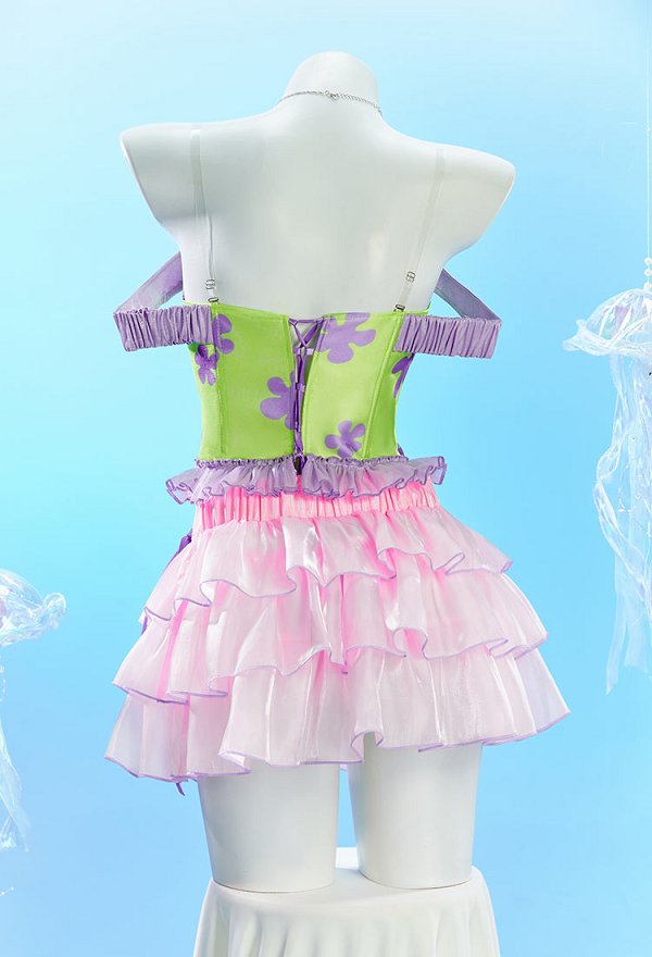 Bob Esponja y Patrick Star Derivado Disfraz de Cosplay Sexy Impresión Floral Corset Cinched y falda de pastel con corbata