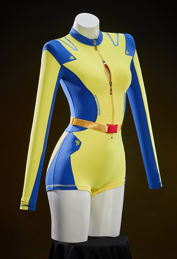 Disfraz de Cosplay Sexy Derivado de Superhéroe DP Estilo Cyberpunk Ropa deportiva de yoga ajustada Bodysuit amarillo y azul con capucha corta y cinturón