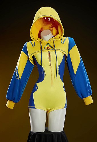 Disfraz de Cosplay Sexy Derivado de Superhéroe DP Estilo Cyberpunk Ropa deportiva de yoga ajustada Bodysuit amarillo y azul con capucha corta y cinturón