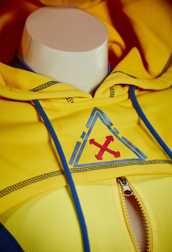 Disfraz de Cosplay Sexy Derivado de Superhéroe DP Estilo Cyberpunk Ropa deportiva de yoga ajustada Bodysuit amarillo y azul con capucha corta y cinturón