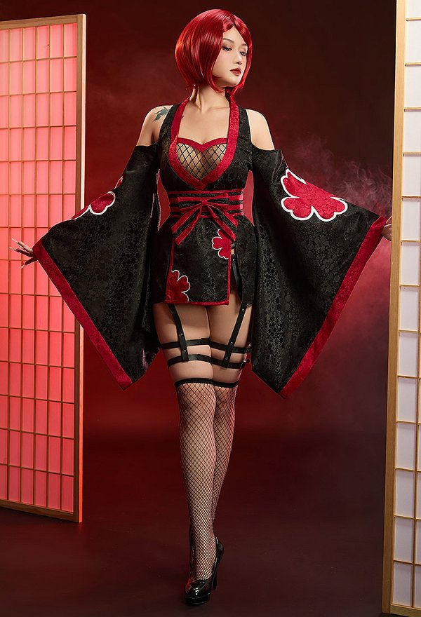 Ninja Derivative Sexy Outfit Wide-Sleeved Kimono Dress with Obi Belt and Socks