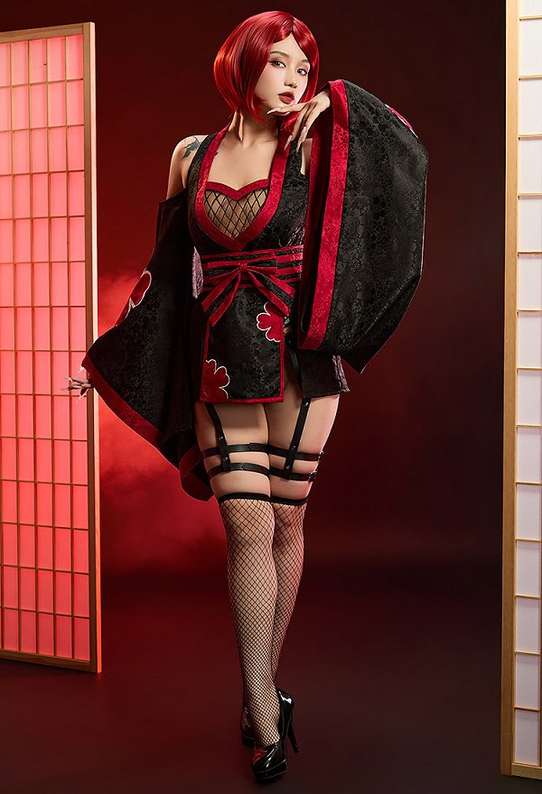 Ninja Derivative Sexy Outfit Wide-Sleeved Kimono Dress with Obi Belt and Socks
