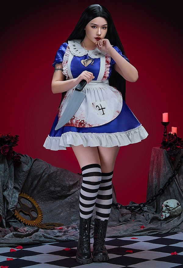 Alice Derivative Sexy Halloween Costume Puff-sleeved Dress with Bloodstain Print Apron and Stockings