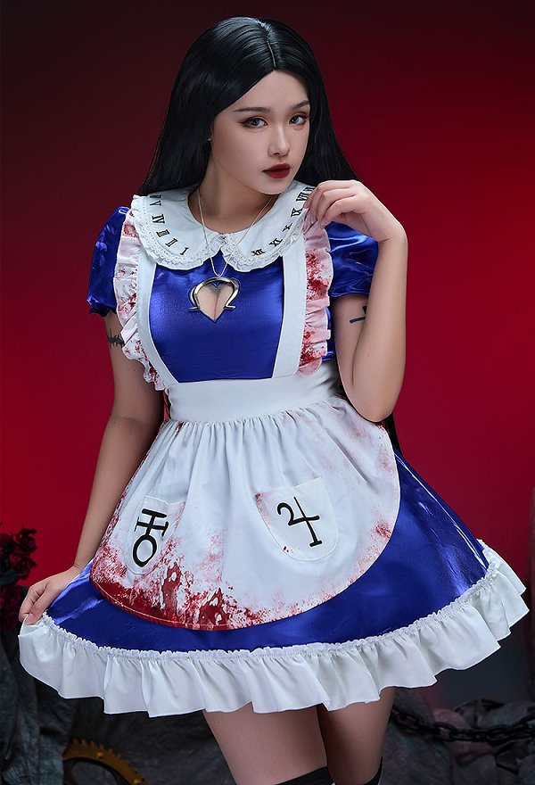 Alice Derivative Sexy Halloween Costume Puff-sleeved Dress with Bloodstain Print Apron and Stockings