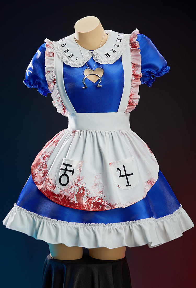 Alice Derivative Sexy Halloween Costume Puff-sleeved Dress with Bloodstain Print Apron and Stockings