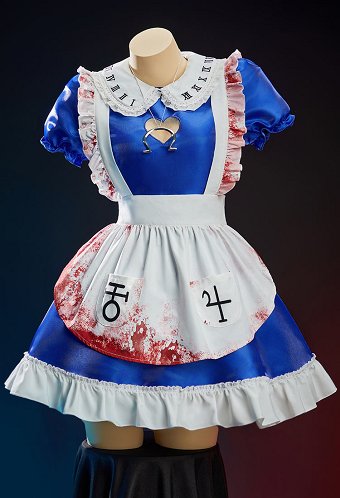 Alice Derivative Sexy Halloween Costume Puff-sleeved Dress with Bloodstain Print Apron and Stockings