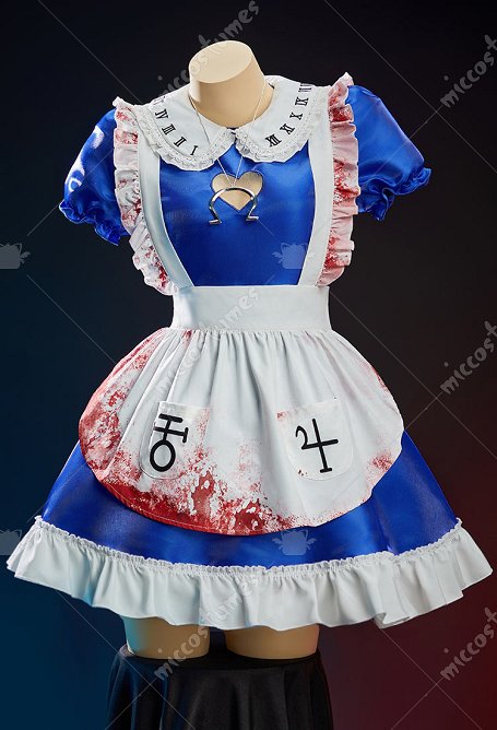 Alice Derivative Sexy Outfit Kleid Puffärmeln Schürze und Strümpfen mit Blutfleckenmuster