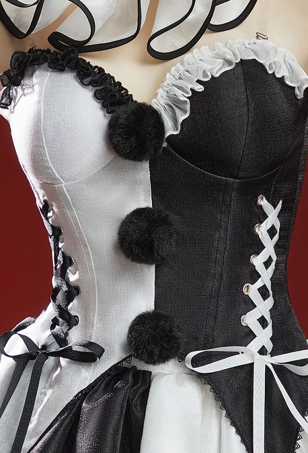 Arte derivado de Halloween Sexy Corset Vestido Conjunto Blanco y Negro Color-bloqueado Off-hombro Top y falda con guantes y cuello Arte derivado de Halloween Sexy Corset Vestido Conjunto Blanco y Negro Color-bloqueado Off-hombro Top y falda con guantes y cuello