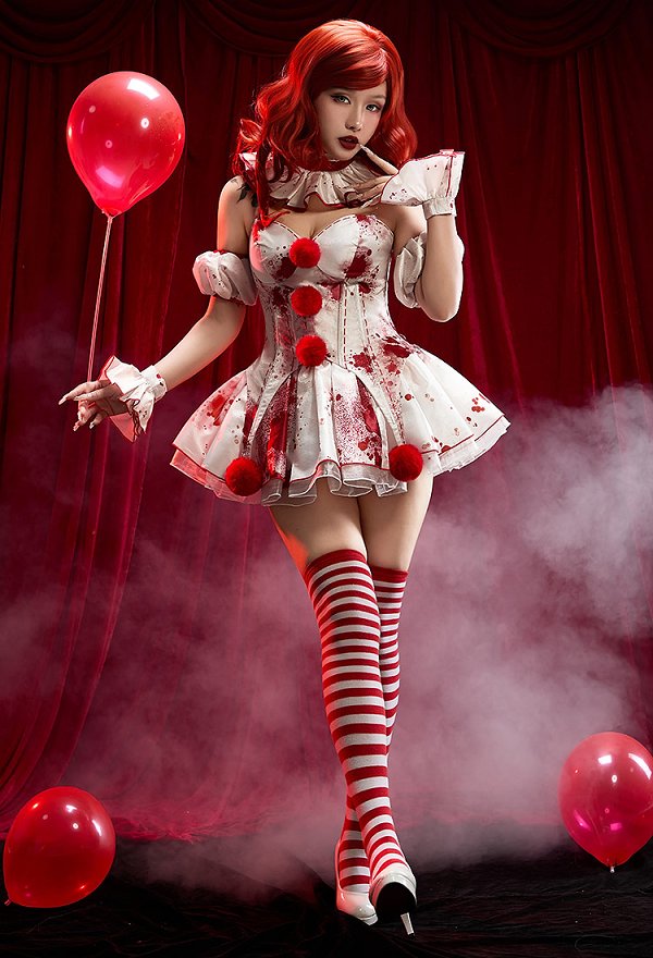 It Derivative Halloween Sexy Costume Set Bloodstain Print Off-shoulder Top and Skirt with Collar
