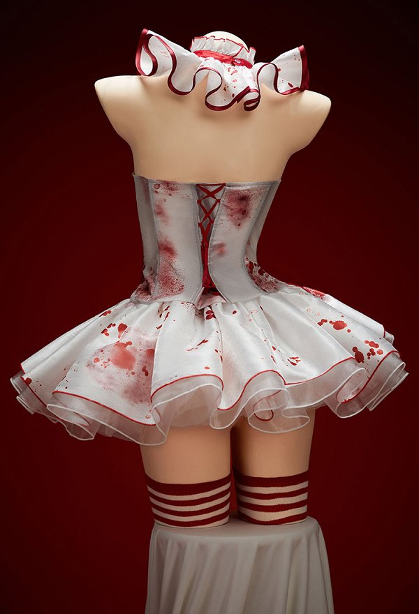 It Derivative Halloween Sexy Costume Set Bloodstain Print Off-shoulder Top and Skirt with Collar
