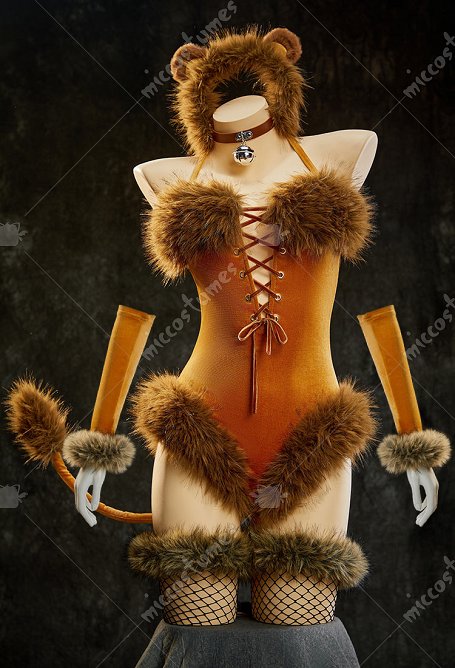 Lion-themed Sexy Outfit Velvet Halter Bodysuit with Tail and Ear Headband