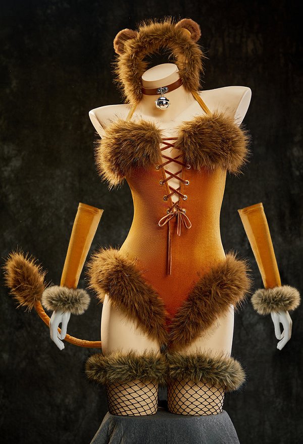 Tenue sexy sur le thème du lion body en velours à dos nu avec queue et bandeau à oreilles