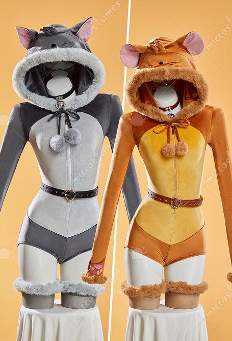 Katze Maus Derivative Plüsch Strampler Bodysuit Kapuzenbody mit Gürtel und Halsband