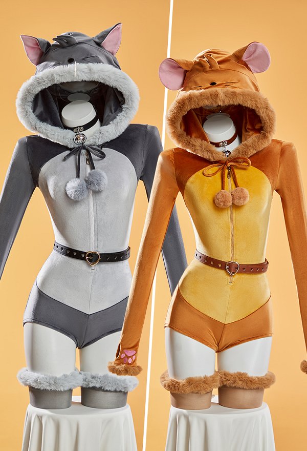 Tom and Jerry Derivative Plush Romper Hooded Bodysuit with Belt and Choker