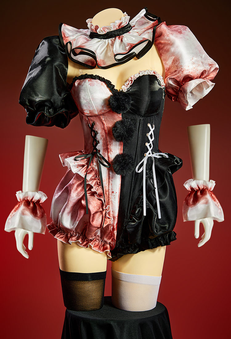 Terrifier Derivative Blood-splatter Print Sexy Cosplay Costume Black White Color-block Bodysuit and Puff Sleeves Bolero with Hat and Collar