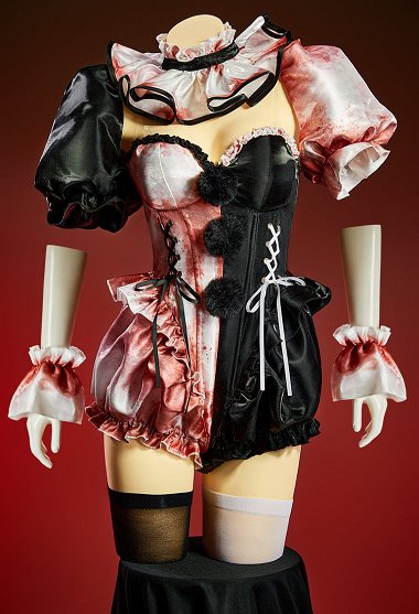 Disfraz de Cosplay Sexy con Estampado de Salpicaduras de Sangre Derivado de Terrifier Body con Bloques de Color Blanco y Negro y Bolero de Mangas Abullonadas con Sombrero y Cuello