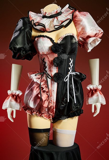 Disfraz de Cosplay Sexy con Estampado de Salpicaduras de Sangre Derivado de Terrifier Body con Bloques de Color Blanco y Negro y Bolero de Mangas Abullonadas con Sombrero y Cuello