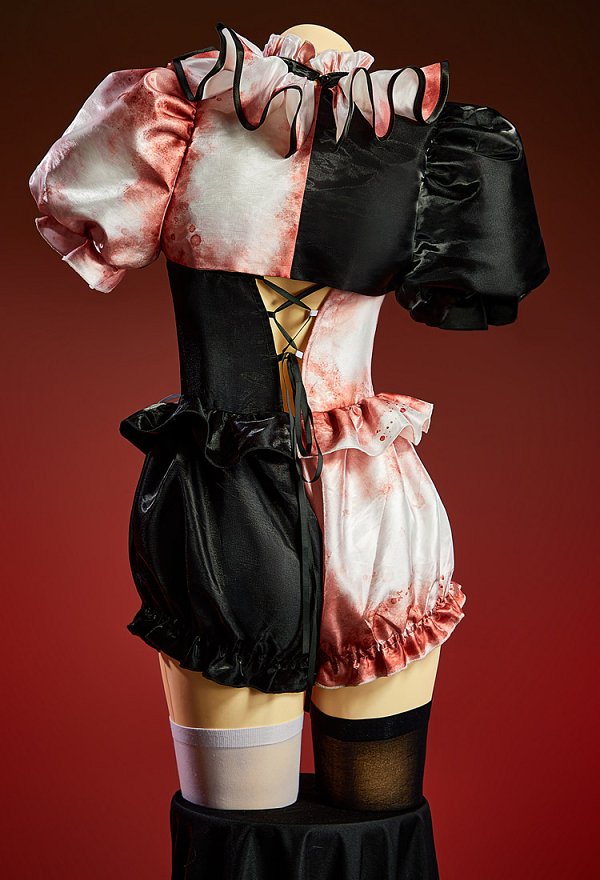 Disfraz de Cosplay Sexy con Estampado de Salpicaduras de Sangre Derivado de Terrifier Body con Bloques de Color Blanco y Negro y Bolero de Mangas Abullonadas con Sombrero y Cuello