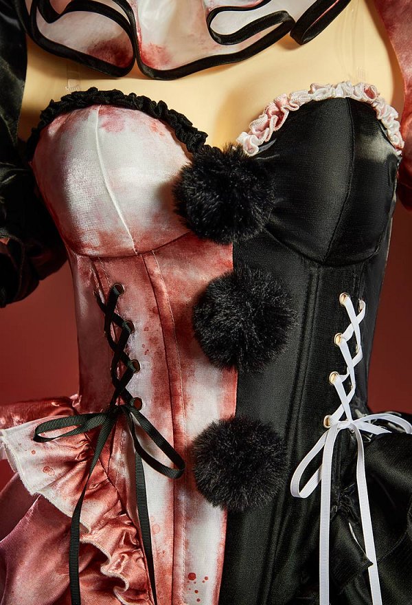 Disfraz de Cosplay Sexy con Estampado de Salpicaduras de Sangre Derivado de Terrifier Body con Bloques de Color Blanco y Negro y Bolero de Mangas Abullonadas con Sombrero y Cuello
