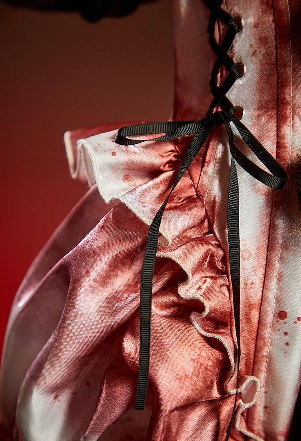Disfraz de Cosplay Sexy con Estampado de Salpicaduras de Sangre Derivado de Terrifier Body con Bloques de Color Blanco y Negro y Bolero de Mangas Abullonadas con Sombrero y Cuello