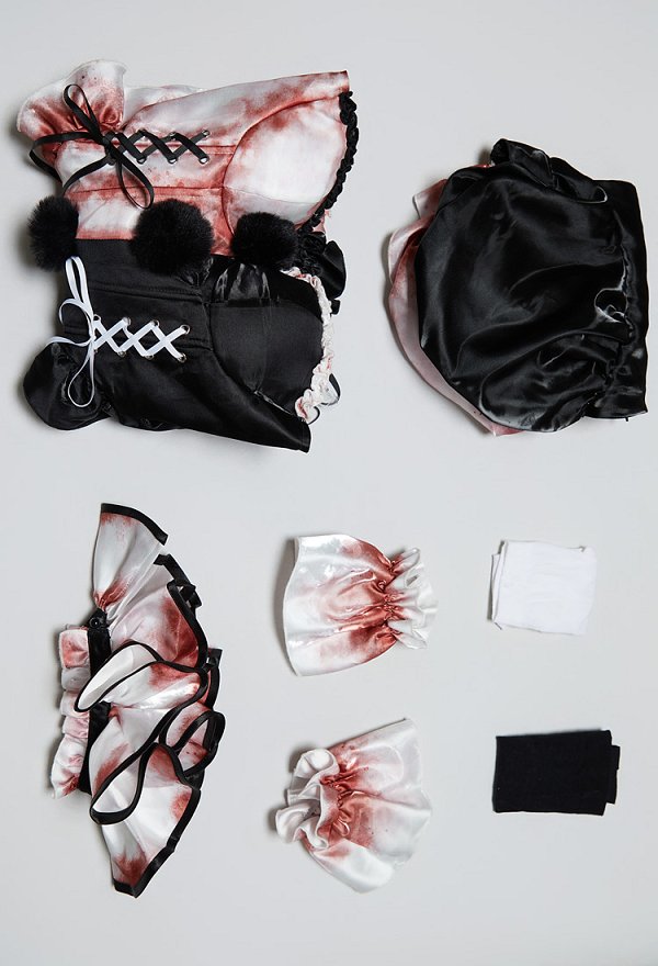 Disfraz de Cosplay Sexy con Estampado de Salpicaduras de Sangre Derivado de Terrifier Body con Bloques de Color Blanco y Negro y Bolero de Mangas Abullonadas con Sombrero y Cuello